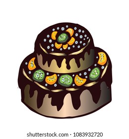cream with chocolate and fruit cake. orange and kiwi. vector hand drawn illustration 
