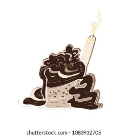 cream with chocolate and fruit cheesecake. birthday cake with candle.  vector hand drawn illustration
