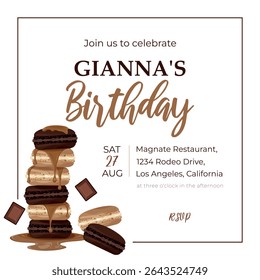 Cream and chocolate macarons with caramel drizzle and chocolate chunks in brown frame on white background. Vector dessert layout with empty space for text. Perfect for sweets ads, party invites, or sa