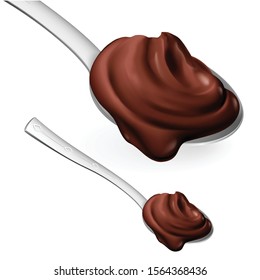 Cream Chocolate in a Metal Spoon. Concept for Healthy Cooking or Baking and Confectionery. Realistic Style Trend Modern Foodie Logotype Graphic Simple Design Element on White Backdrop