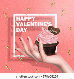 muffin de chocolate crema en mano, especial del día de San Valentín, fondo rosa ilustración 3d