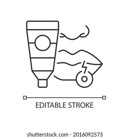 Cream for cold sore linear icon. Antiviral ointment. Treat fluid-filled blisters on lips. Thin line customizable illustration. Contour symbol. Vector isolated outline drawing. Editable stroke