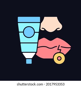 Cream For Cold Sore RGB Color Icon For Dark Theme. Antiviral Ointment. Treat Fluid-filled Blisters On Lips. Isolated Vector Illustration On Night Mode Background. Simple Filled Line Drawing On Black