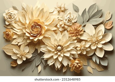 Cream color Flowers 3d type watercolor vector art illustration cream colored.