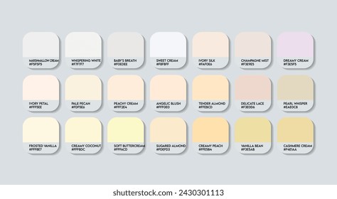 Cream Color Guide Palette with color Names. Catalog Samples are Light cream with RGB HEX codes and Names. baby Cream Colors Palette Vector, Wood and Plastic Light Cream Color Palette, Fashion Trend