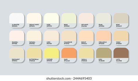 Cream Color Guide Palette with Color Names. Catalog Samples Cream with RGB HEX codes and Names. Metal Colors Palette Vector, Wood and Plastic Cream Color Palette, Fashion Trend Cream Color Palette