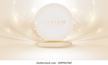 Cream Color Podium With Circle Frame Elements On Back And Golden Lines With Glitter Light Effect, Luxury Banner Background Design.