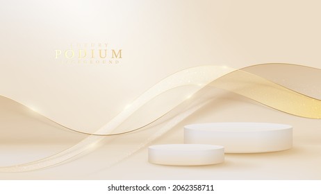 Cream Color Podium With Golden Curve Line Elements, Luxury Banner Background Design.