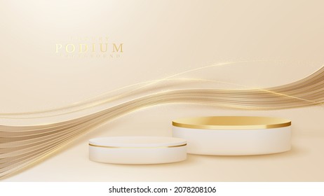 Cream color podium with golden curve line elements, Luxury banner background design.