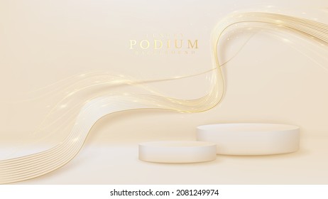 Cream color podium with golden curve line elements and glitter light effects, Luxury banner background design.