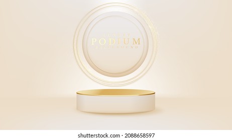 Cream color podium with golden curve line elements and glitter light effects, Luxury banner background design.