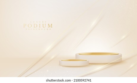Cream color podium with golden curve line elements and glitter light effects, Luxury banner background design.