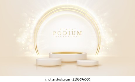 Cream color podium for products display with golden circle line and glitter light effects and bokeh decoration.