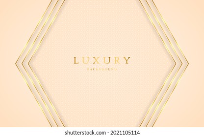 Cream colored abstract polygon with elegant golden lines on cream colored mesh background.
