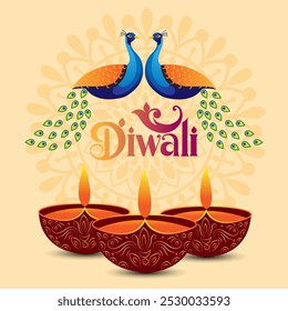 A cream colored background with a large ornate mandala in the center Two peacocks face each other above it with three diyas below Diwali is written in a festive font conveying joy and celebration