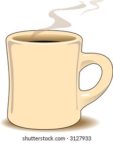 Cream colored coffee mug with black coffee and steam rising