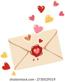 A cream colored envelope with a red wax seal and hearts flying out, symbolizing love and communication