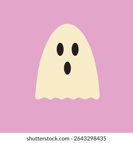 Cream colored ghost with round black eyes and mouth over pastel pink background expressing surprise in flat cartoon design