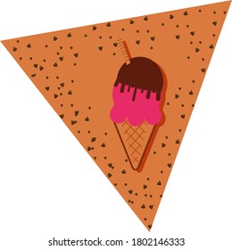 cream or cone icon with two scoops of ice cream and waffle. brown background with texture and triangular shape