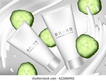 The cream contained in the tubes with two elements of milk flow, the green cucumber can be used as a special effect, 3d illustration,