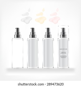 Cream container isolated on white background. Cosmetic glass bottle (transparent). Beauty product package, vector illustration.