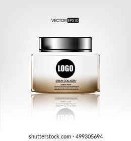 Cream container isolated on white background. Cosmetic plastic bottle for cream, gel. Beauty product package, vector illustration.