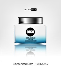 Cream container isolated on white background. Cosmetic plastic bottle for cream, gel. Beauty product package, vector illustration.