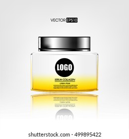 Cream container isolated on white background. Cosmetic plastic bottle for cream, gel. Beauty product package, vector illustration.