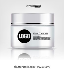 Cream container isolated on white background. Cosmetic plastic bottle for cream, gel. Beauty product package, vector illustration.