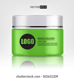 Cream container isolated on white background. Cosmetic plastic bottle for cream, gel. Beauty product package, vector illustration.