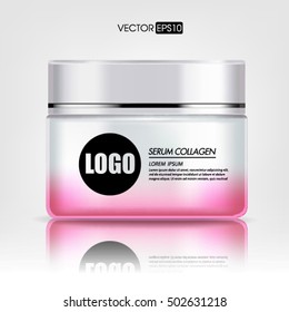 Cream container isolated on white background. Cosmetic plastic bottle for cream, gel. Beauty product package, vector illustration.