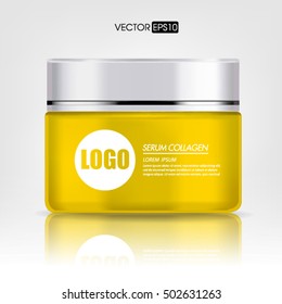 Cream container isolated on white background. Cosmetic plastic bottle for cream, gel. Beauty product package, vector illustration.