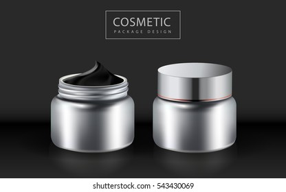 Cream container template, blank silver bottles isolated on black background in 3d illustration for design