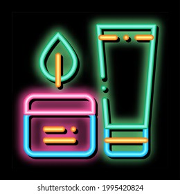 Cream Container Tube Leaf neon light sign vector. Glowing bright icon transparent symbol illustration