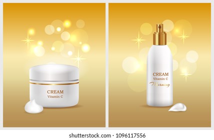 Cream containing vitamin C, product in container with label and some info, face therapy natural components of liquid isolated on vector illustration