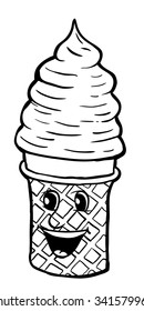 Cream cornet with smile, vector illustration, coloring book