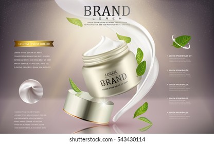 Cream cosmetic ads, silver cream container with green leaves ingredients isolated on pale pinkish grey background, 3d illustration