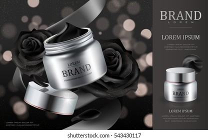 Cream cosmetic ads, silver cream container with black roses petals isolated on black bokeh background, 3d illustration