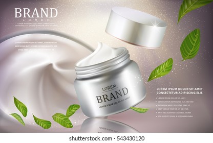 Cream cosmetic ads, silver cream container with green leaves ingredients isolated on glitter background, 3d illustration