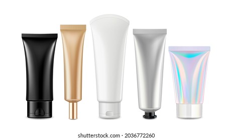 Cream Cosmetic Blank Tubes Packages Set Vector. Hygiene Moisturizing Lotion, Toothpaste And Shampoo Tubes Containers. Health Care Gel Product Packaging Template Realistic 3d Illustrations