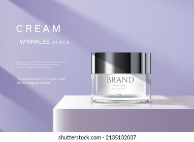 Cream cosmetic cream on a white stage with light purple background plant in 3d illustration. Beauty cream ads template.