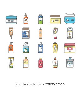 cream cosmetic product beauty icons set vector. care white, lotion face, skin makeup, gel liquid, facial natural, packaging body cream cosmetic product beauty color line illustrations