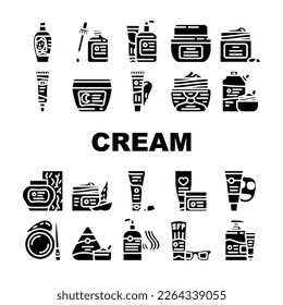 cream cosmetic skin care icons set vector. bottle face, lotion skincare, gel health, brush product, facial oil, polish cream cosmetic skin care glyph pictogram Illustrations