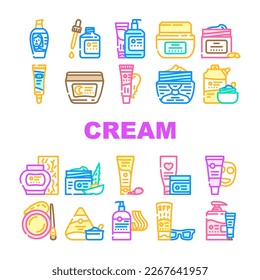 cream cosmetic skin care icons set vector. bottle face, lotion skincare, gel health, brush product, facial oil, polish cream cosmetic skin care color line illustrations