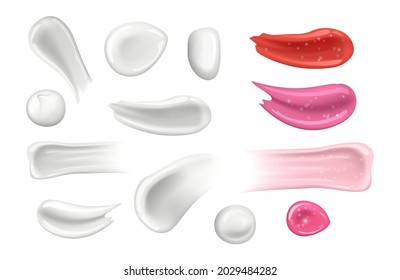 Cream cosmetic smears. White creamy and lipstick elements. Isolated gel, yogurt vector realistic stroke