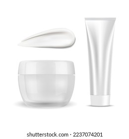 Cream, cosmetic in a white container, isolated vector. Jar mockup is made of glass, creme packaging for a lotion. Beauty skin care product in a plastic tube. Texture smear of liquid foundation