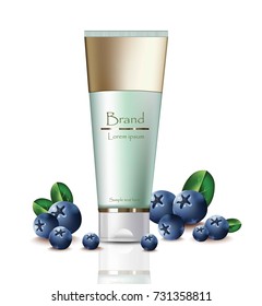Cream Cosmetics realistic mock up set collection. Blueberry extract products Vector. Hydration cream with logo. Perfect for advertising, flyer, banner, poster. 3d illustration