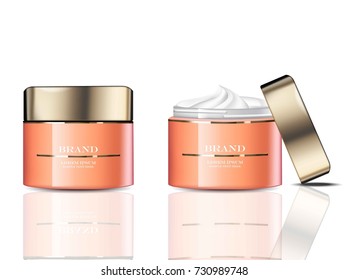 Cream Cosmetics realistic mock up. Peach extract products Vector. Hydration cream with logo. Perfect for advertising, flyer, banner, poster. 3d illustration