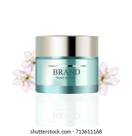 Cream Cosmetics set Vector realistic mock up. Green package Hydration cream bottle and flowers decor. Perfect for advertising, flyer, banner, poster. 3d illustrations