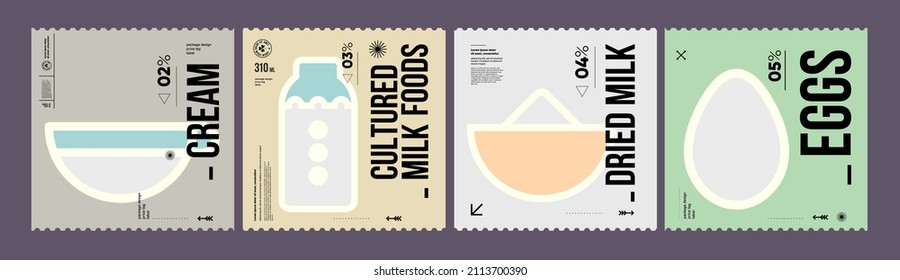 Cream, cultured milk foods, dried milk, eggs. Farmer's products. A set of vector labels in a modern, minimalist style. Geometric icons and elements. 